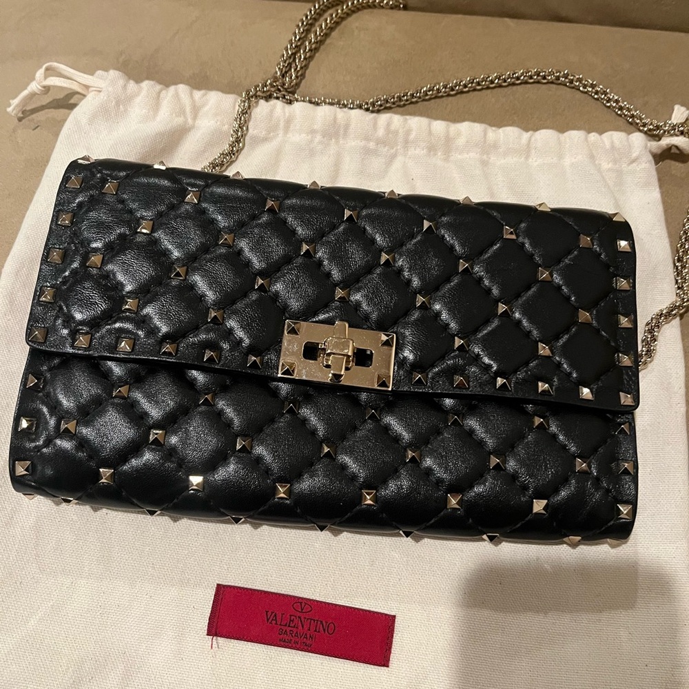 Valentino Black  Rock Studded Quilted Clutch, with crossbody strap , authentic